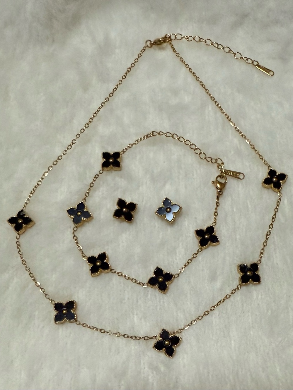 Four Leaf Clover Black 18K Goldplated Jewelry Set (Necklace,Bracelet&Earrings)